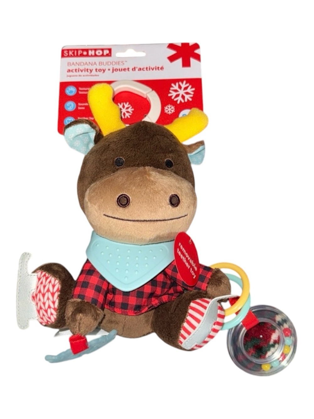 Skip Hop Brown Moose Plush Toy with Yellow Antlers and Blue Bandana